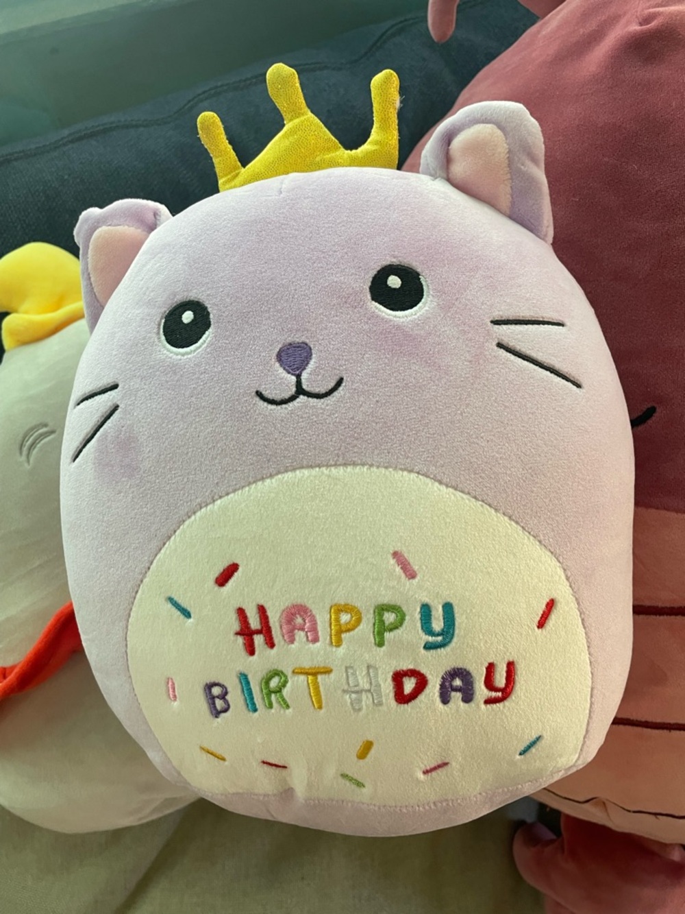 Plush Lilac Cat with Yellow Crown - Happy Birthday Stuffed Animal